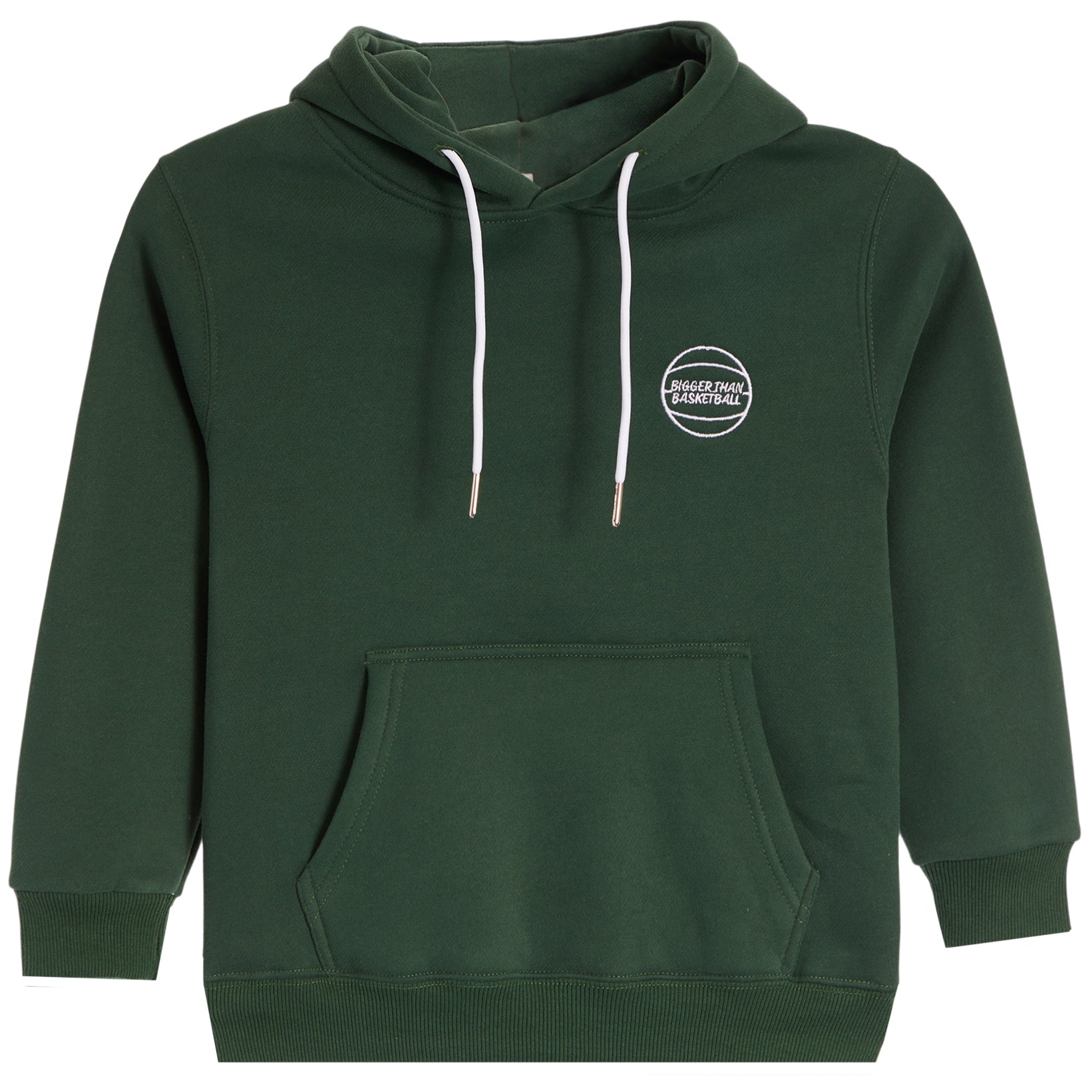 A dark green pullover hoodie with white drawstrings and a white circular chest graphic that reads Bigger than Basketball.