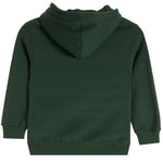 A dark forest green hooded sweatshirt shown from the back, featuring a ribbed hem and cuffs, photographed against a solid white background.