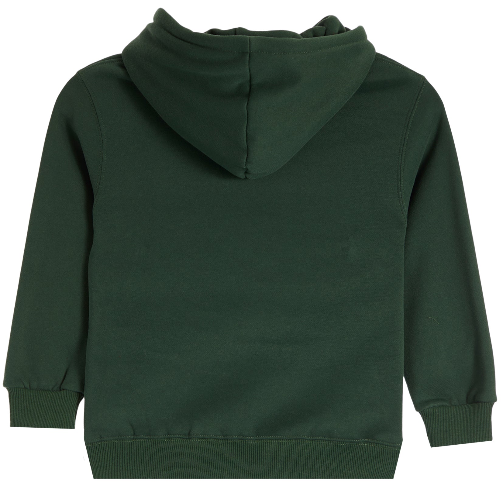 A dark forest green hooded sweatshirt shown from the back, featuring a ribbed hem and cuffs, photographed against a solid white background.