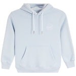 A light blue pullover hoodie with white drawstrings and a small white bigger then basketball graphic on the left chest, displayed on a clean white background.
