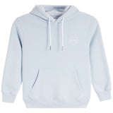 A light blue pullover hoodie with white drawstrings and a small white bigger then basketball graphic on the left chest, displayed on a clean white background.
