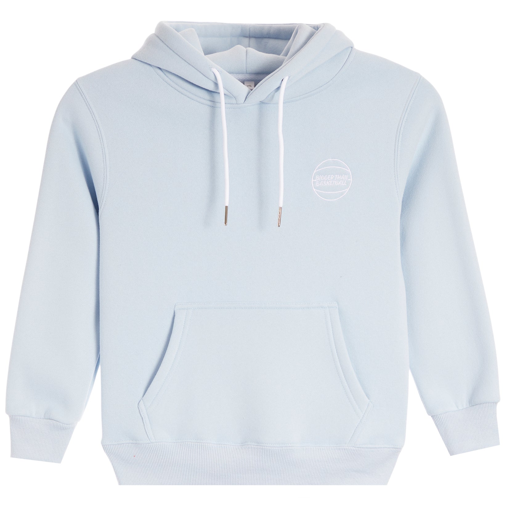 A light blue pullover hoodie with white drawstrings and a small white bigger then basketball graphic on the left chest, displayed on a clean white background.