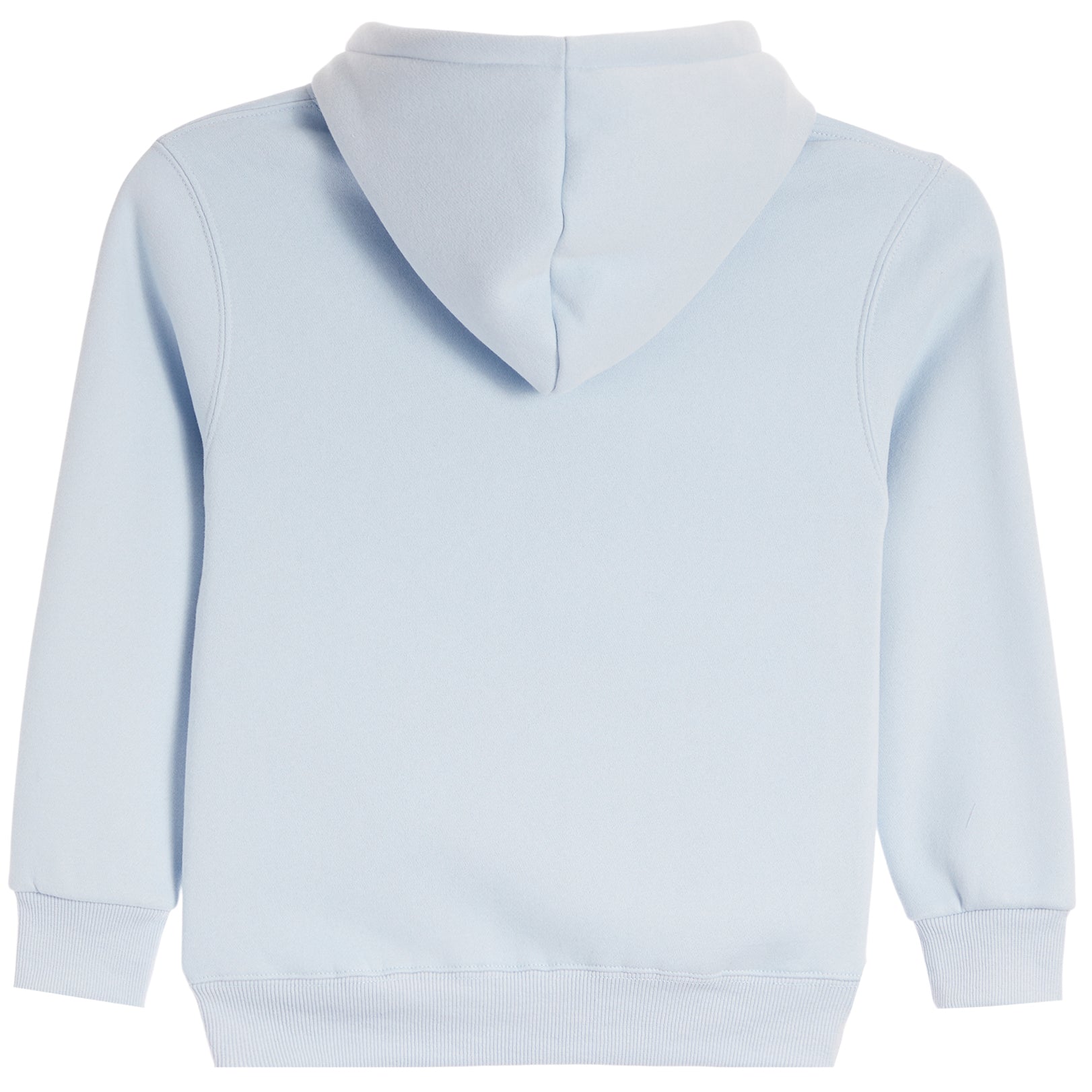 A light blue hooded sweatshirt shown from the back, featuring a simple stitched hood and ribbed cuffs and hem, on a solid white background.