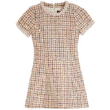 A short-sleeve tweed mini dress in a beige, brown, and blue houndstooth pattern, featuring a round neckline with pearl embellishments and a flared skirt, shown against a plain white background.
