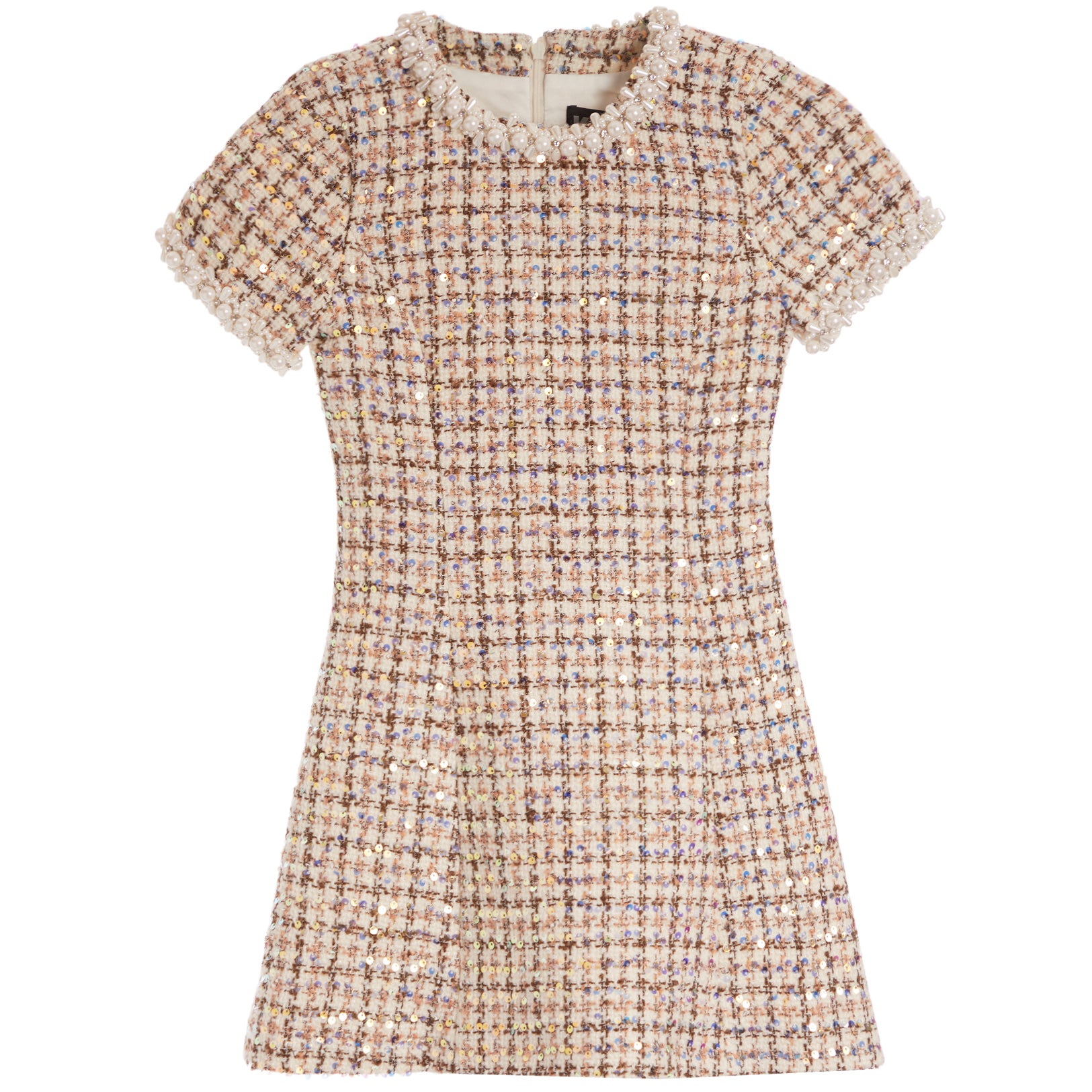 A short-sleeve tweed mini dress in a beige, brown, and blue houndstooth pattern, featuring a round neckline with pearl embellishments and a flared skirt, shown against a plain white background.