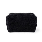 Black bouclé cosmetic pouch with a top zipper, shown on a clean white background.