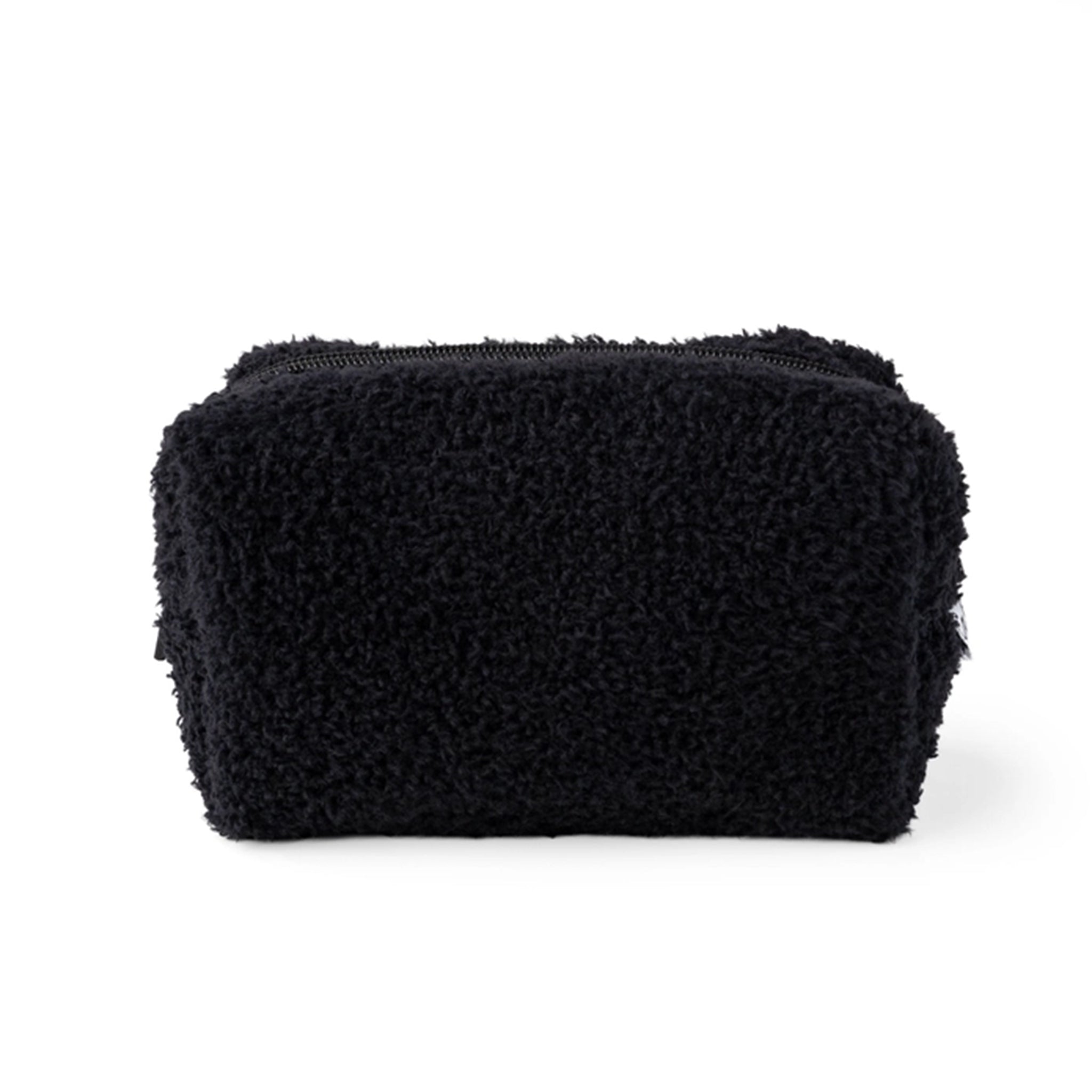 Black bouclé cosmetic pouch with a top zipper, shown on a clean white background.