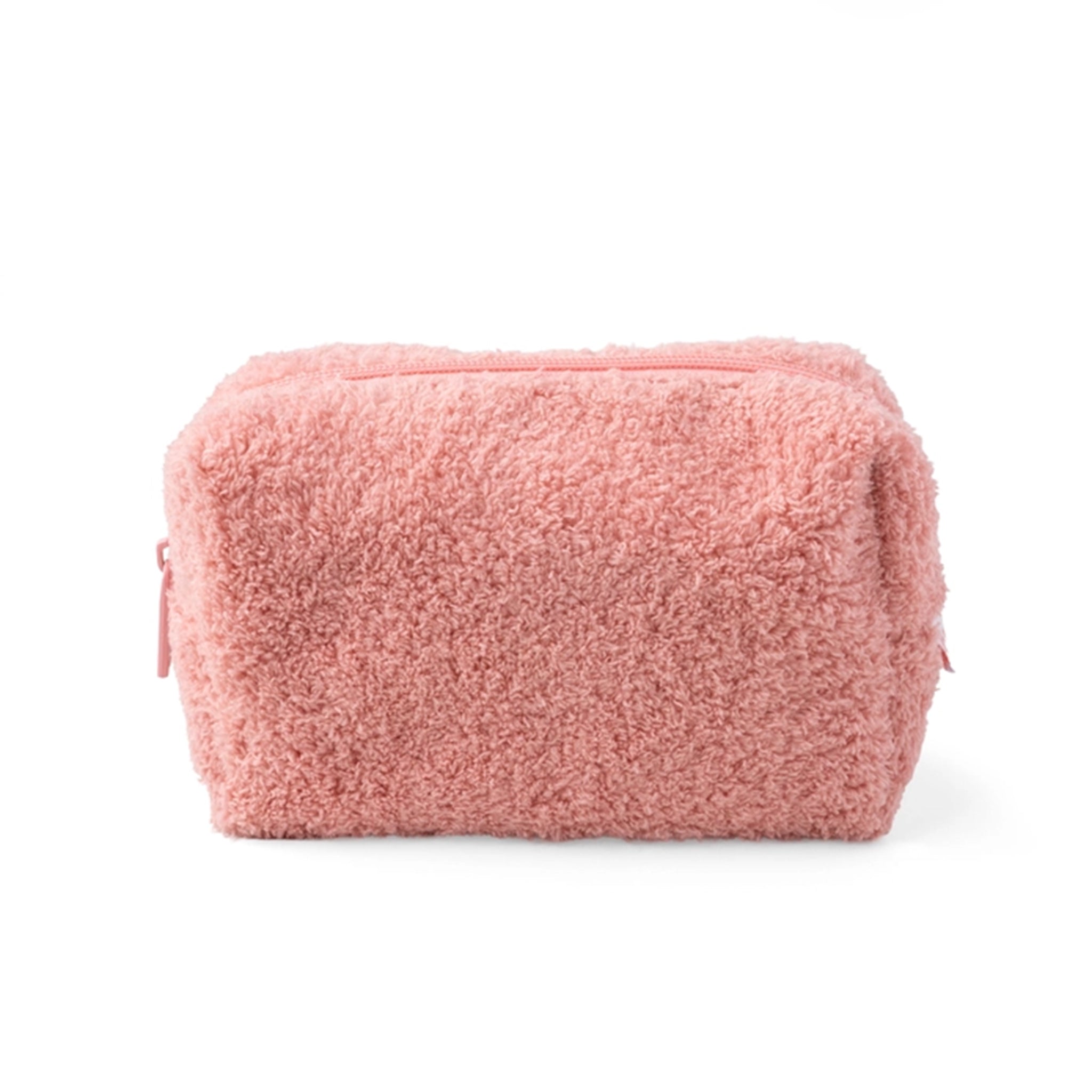 Pink fluffy  bouclé cosmetic pouch with a top zipper, shown on a clean white background.