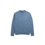 a light blue crewneck knit sweater