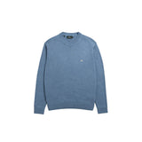 a light blue crewneck knit sweater