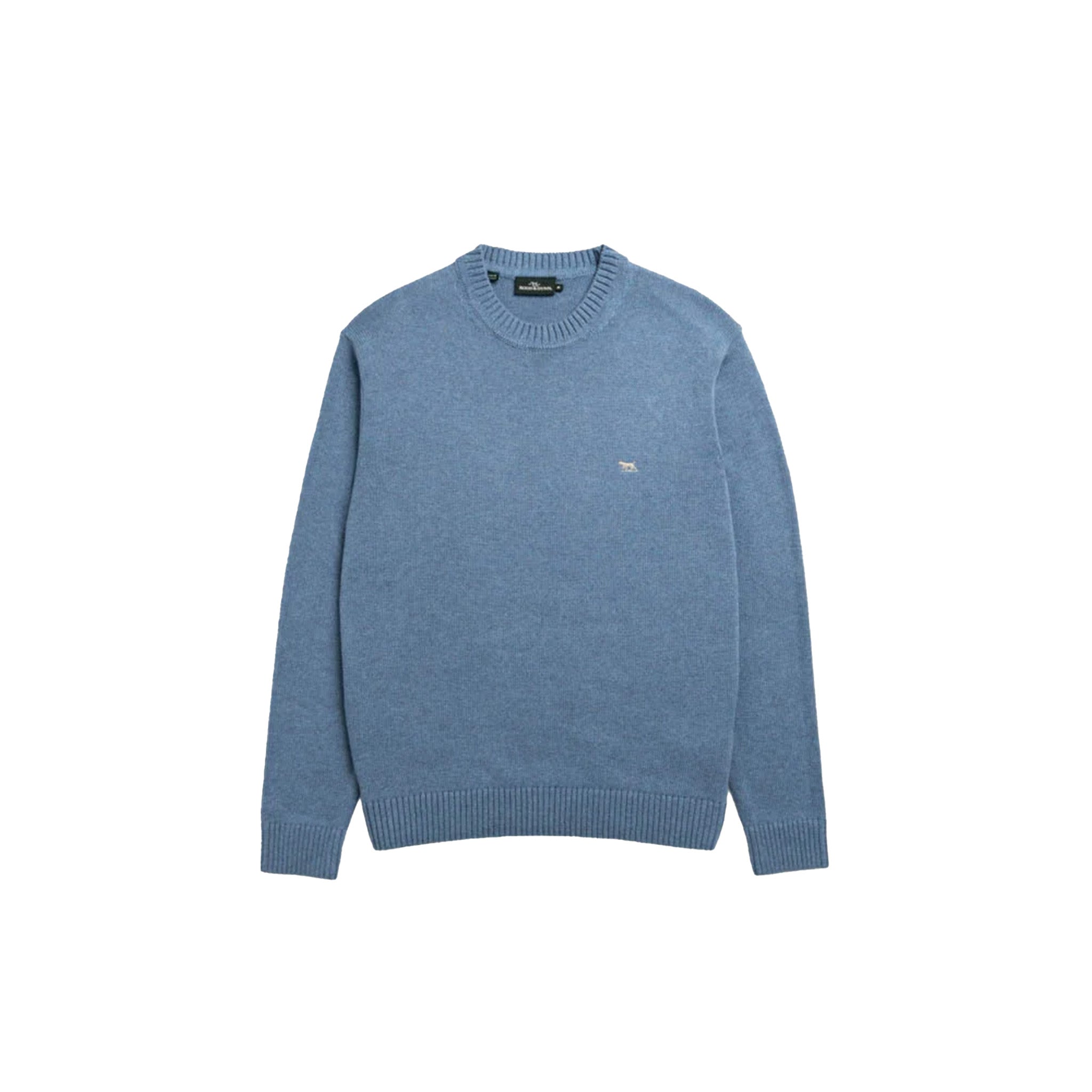 a light blue crewneck knit sweater