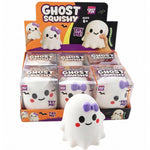 A retail display box of 'Crazy Fun' Ghost Squishy toys, with a single white ghost squishy featuring a purple bow and red cheeks displayed in front of the packaging.