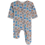 A baby footed sleeper in heather gray with an all-over basketball-themed print of blue jerseys, orange basketballs, and gray socks, shown on a plain white background.