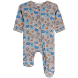 A baby footed sleeper in heather gray with an all-over basketball-themed print of blue jerseys, orange basketballs, and gray socks, shown on a plain white background.