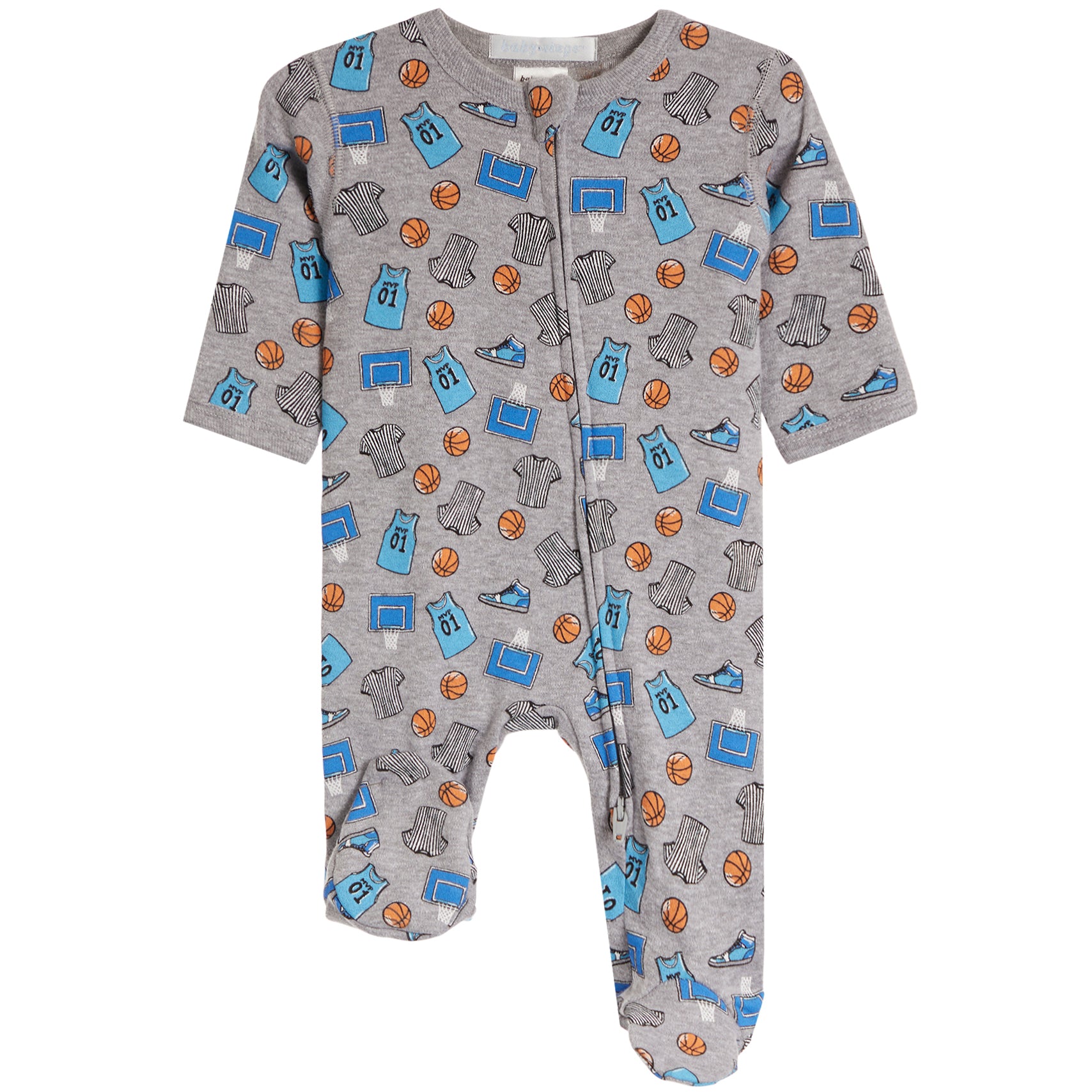 A baby footed sleeper in heather gray with an all-over basketball-themed print of blue jerseys, orange basketballs, and gray socks, shown on a plain white background.