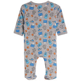 A baby's long-sleeve footed one-piece romper in heather gray, featuring an all-over basketball-themed print with blue jerseys, orange basketballs, and gray sneakers.