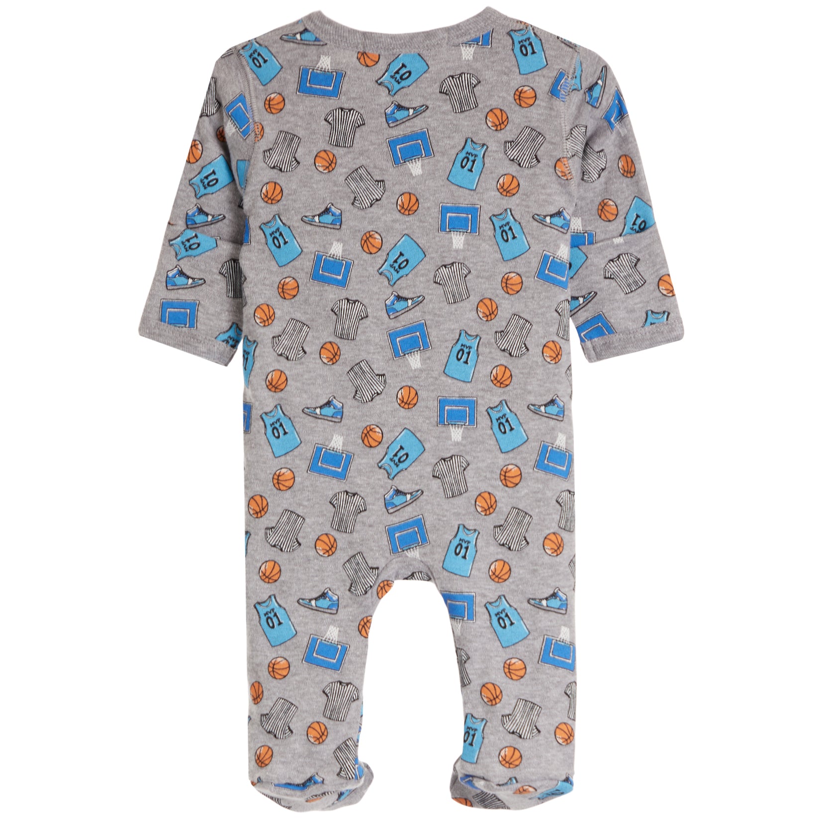 A baby's long-sleeve footed one-piece romper in heather gray, featuring an all-over basketball-themed print with blue jerseys, orange basketballs, and gray sneakers.