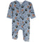 A baby long-sleeve footed sleeper in dusty blue, featuring an all-over print of footballs, helmets, and play icons, shown against a plain white background.