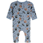 A baby long-sleeve footless one-piece romper in light blue, featuring an all-over football-themed print with brown and white footballs, black helmets, and play-call graphics.