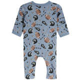 A baby long-sleeve footless one-piece romper in light blue, featuring an all-over football-themed print with brown and white footballs, black helmets, and play-call graphics.