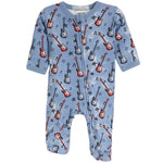 A baby's long-sleeve footless sleeper in light blue, featuring an all-over print of red and white electric guitars, black stars, and musical notes.