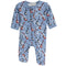 A baby's long-sleeve footless sleeper in light blue, featuring an all-over print of red and white electric guitars, black stars, and musical notes.