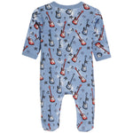 A baby long-sleeve footed one-piece jumpsuit in light blue, featuring an all-over print of red, blue, and white electric guitars, black stars, and musical notes.