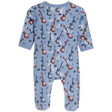 A baby long-sleeve footed one-piece jumpsuit in light blue, featuring an all-over print of red, blue, and white electric guitars, black stars, and musical notes.