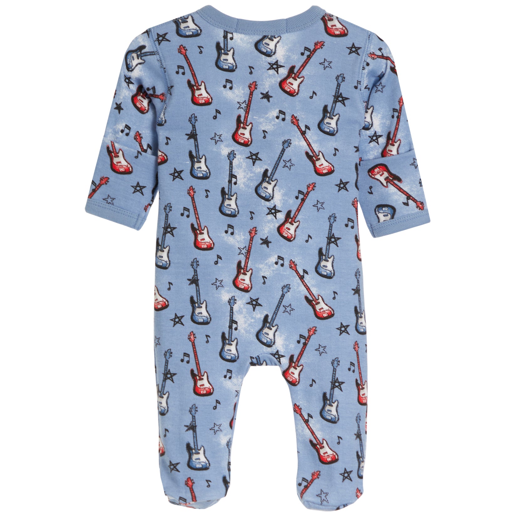 A baby long-sleeve footed one-piece jumpsuit in light blue, featuring an all-over print of red, blue, and white electric guitars, black stars, and musical notes.