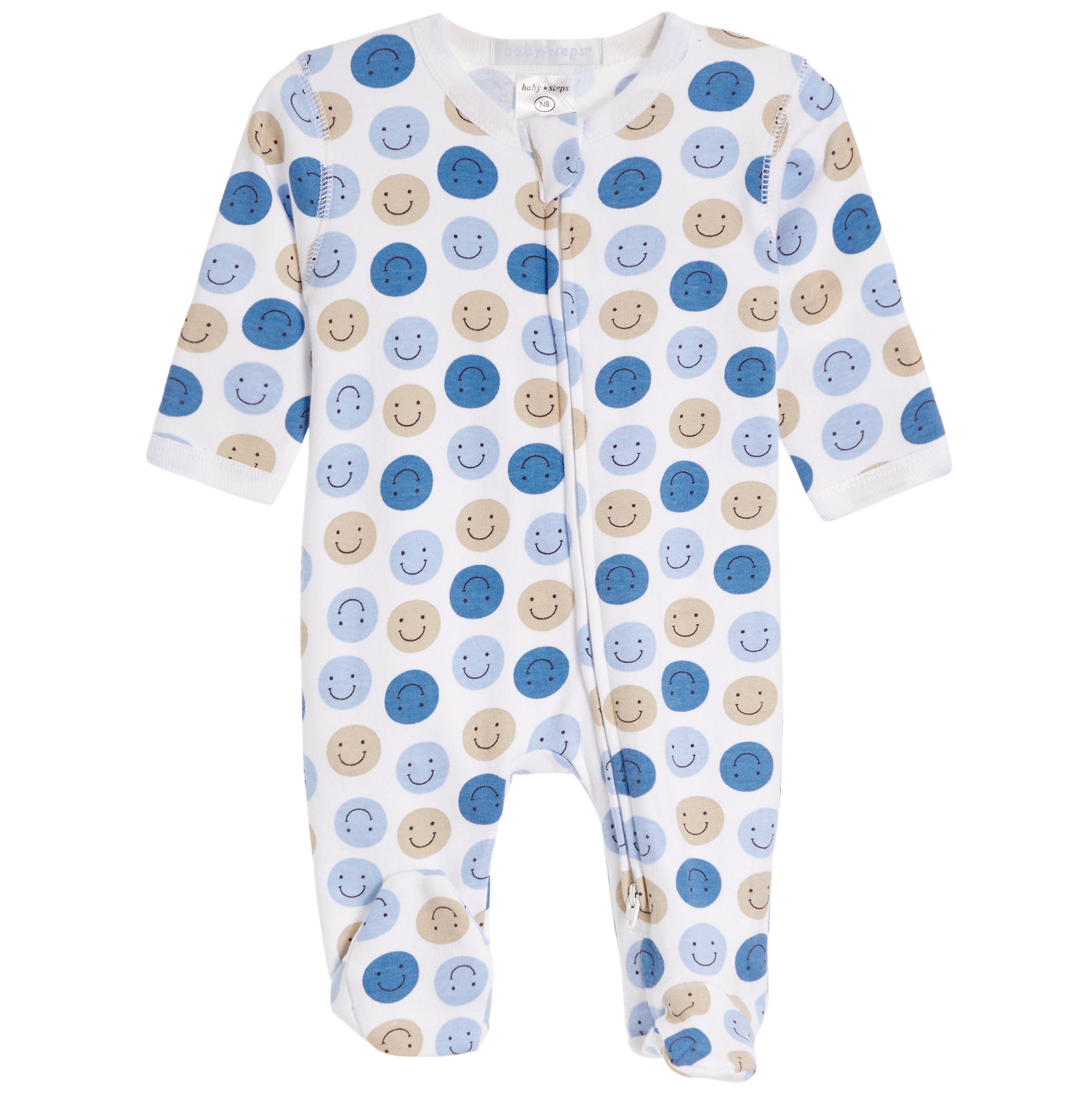 A baby footed sleeper with long sleeves and an all-over pattern of blue and beige smiley faces on a white background.