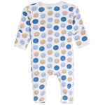 A white long-sleeve baby footless one-piece romper covered in a pattern of smiling face circles in shades of blue and beige, shown against a plain white background.