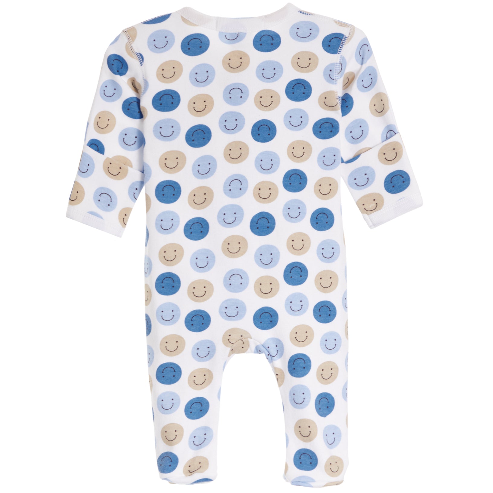 A white long-sleeve baby footless one-piece romper covered in a pattern of smiling face circles in shades of blue and beige, shown against a plain white background.