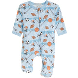 A baby long-sleeve footed sleeper in light blue with an all-over sports print of basketballs, footballs, soccer balls, hockey sticks, and goals, shown on a plain white background.