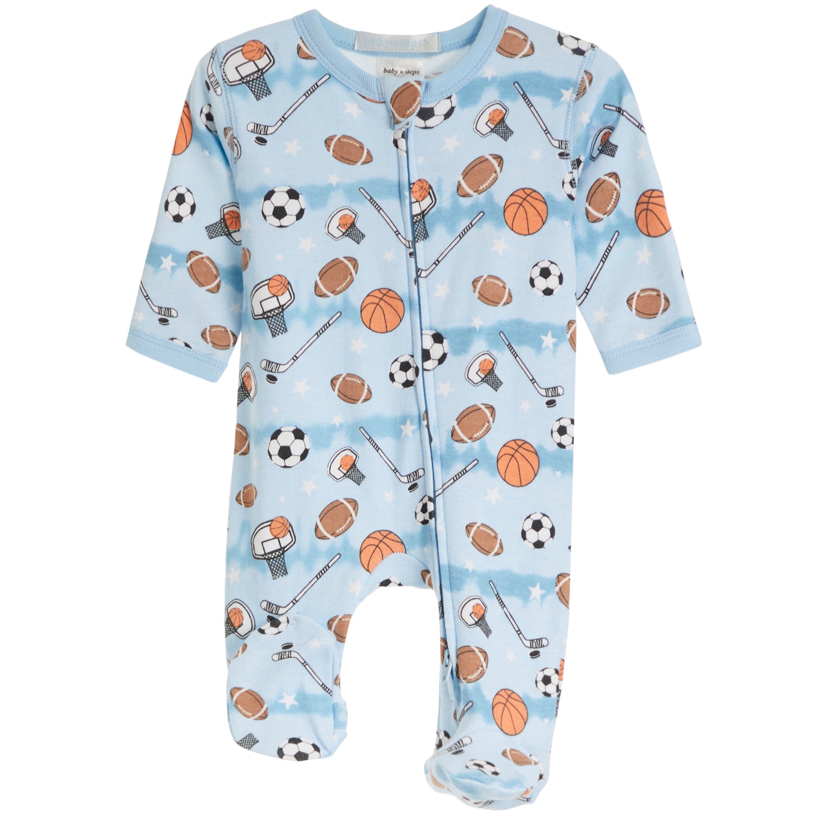 A baby long-sleeve footed sleeper in light blue with an all-over sports print of basketballs, footballs, soccer balls, hockey sticks, and goals, shown on a plain white background.