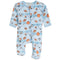 A baby long-sleeve footed sleeper in light blue with an all-over sports print of basketballs, footballs, soccer balls, hockey sticks, and goals, shown on a plain white background.