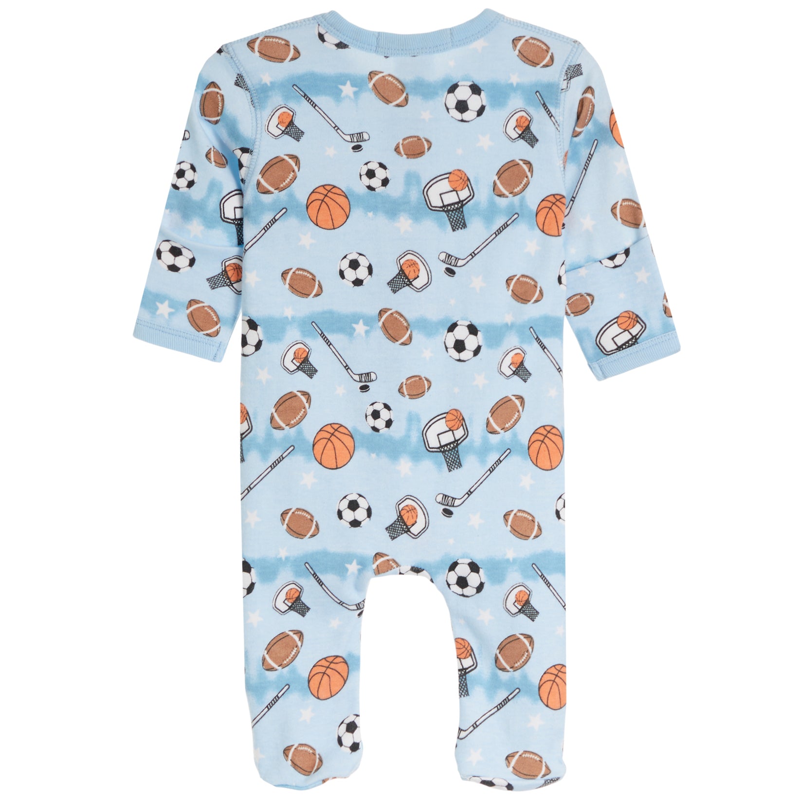 A baby long-sleeve footed one-piece romper in light blue, featuring an all-over sports-themed print with orange basketballs, brown and black footballs, black-and-white soccer balls, hockey sticks, and helmets.