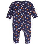 A baby long-sleeve footed sleeper in navy blue, featuring an all-over print of sports balls and gloves in orange, brown, white, and light blue.