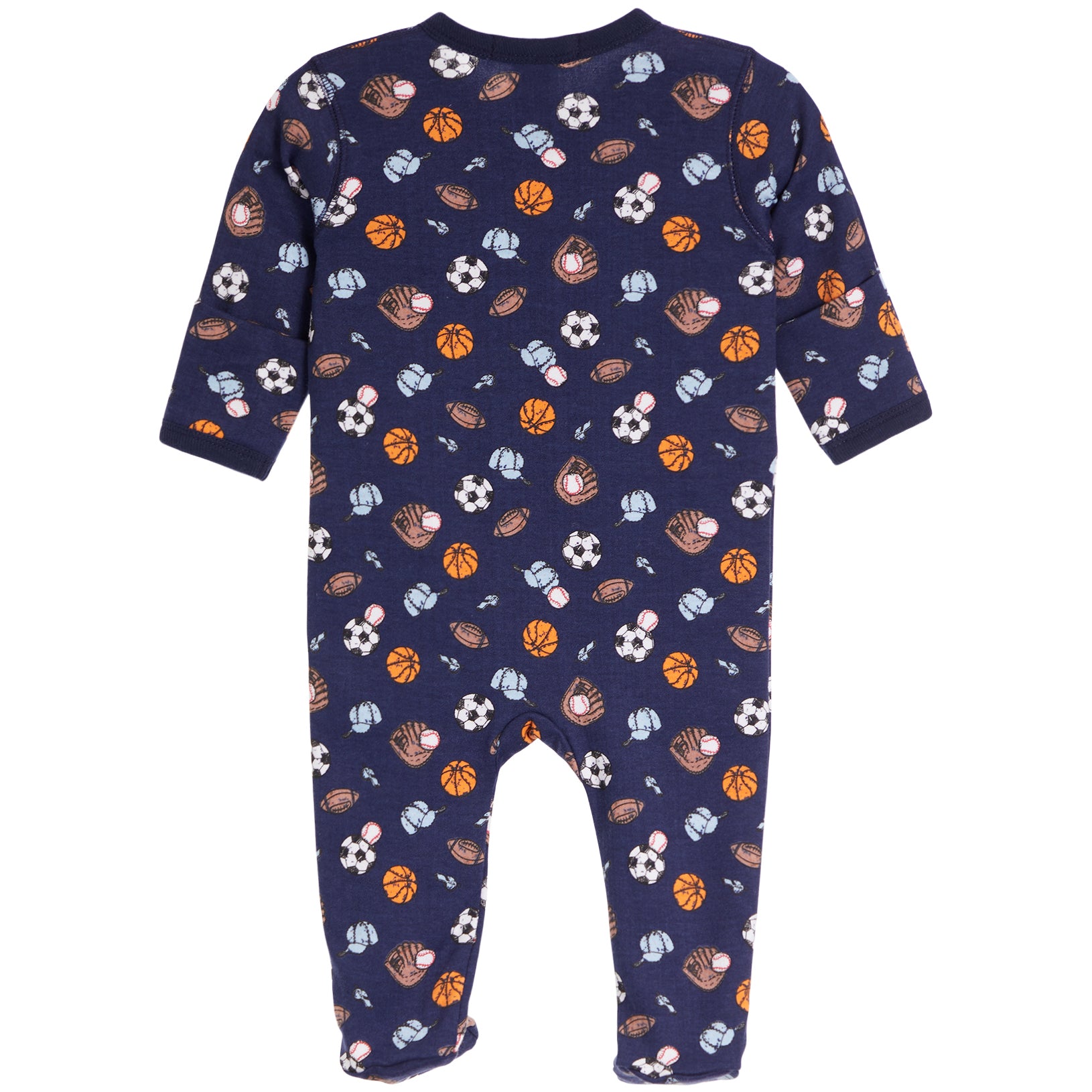 A baby long-sleeve footed sleeper in navy blue, featuring an all-over print of sports balls and gloves in orange, brown, white, and light blue.