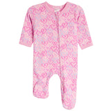 Pink baby footed sleeper with an allover heart pattern in shades of pink, light pink, and white, featuring a front zipper closure.