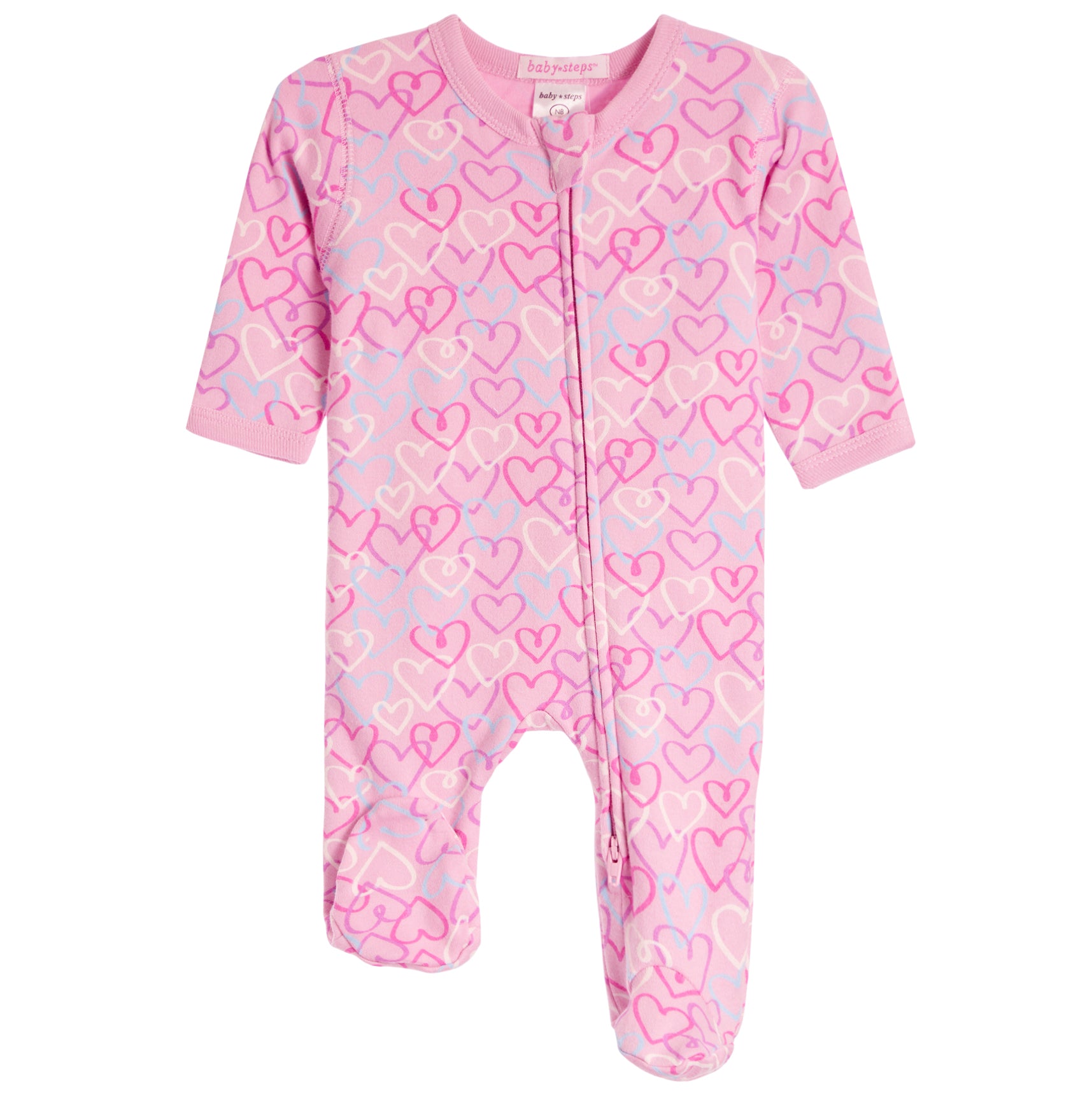 Pink baby footed sleeper with an allover heart pattern in shades of pink, light pink, and white, featuring a front zipper closure.