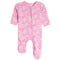 Pink baby footed sleeper with an allover heart pattern in shades of pink, light pink, and white, featuring a front zipper closure.