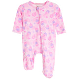 A pink baby footed sleeper with a pattern of pink and purple cupcakes and hearts, featuring a front zipper closure.