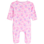 Pink baby footed one-piece jumpsuit with a pattern of pink and purple cupcakes and hearts, shown on a plain white background.