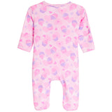 Pink baby footed one-piece jumpsuit with a pattern of pink and purple cupcakes and hearts, shown on a plain white background.