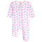 A baby footed sleeper with long sleeves and an all-over print of pink and blue smiley faces on a white background.