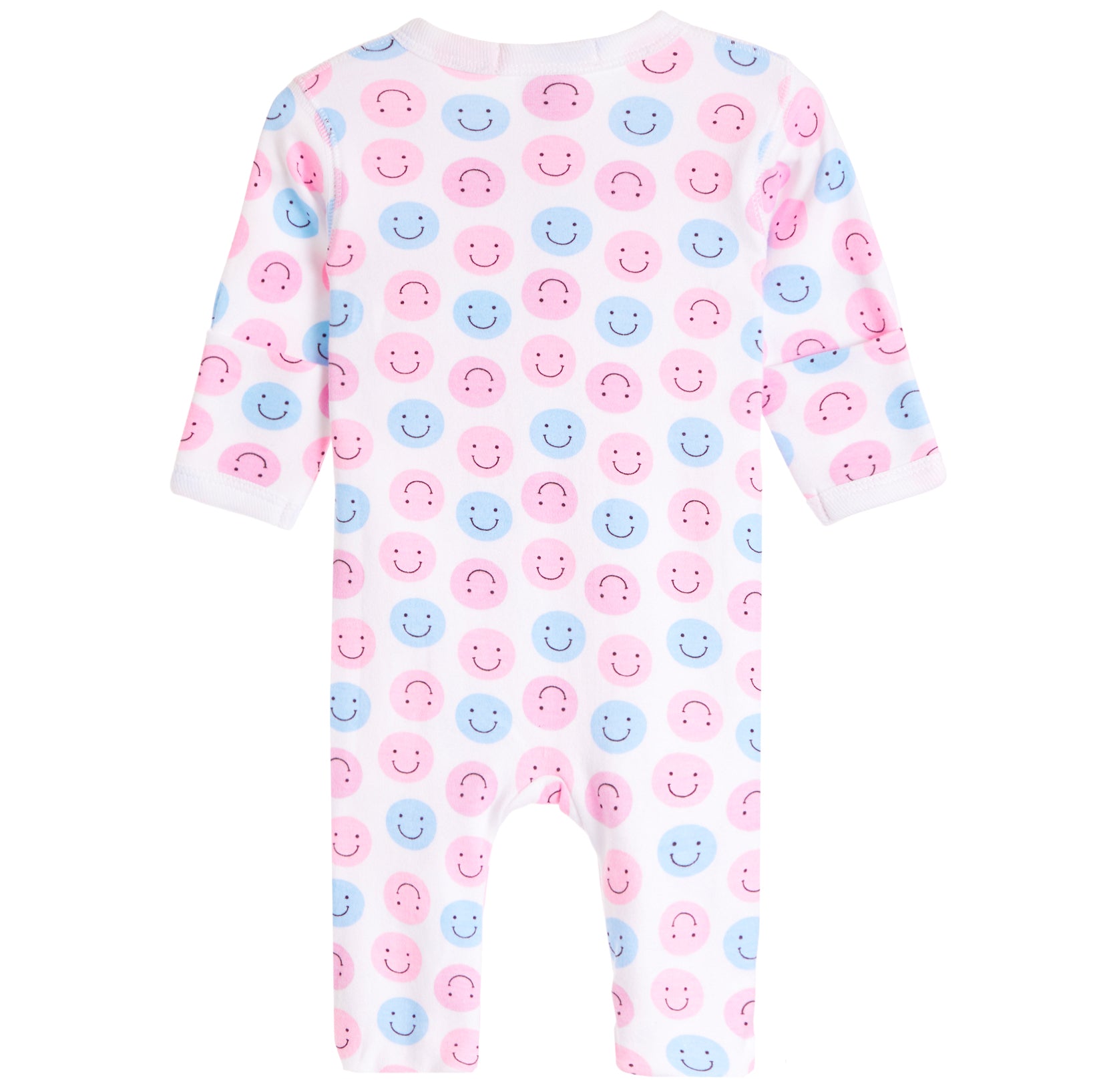 A baby long-sleeve footless one-piece romper with an all-over pink and blue smiley face pattern on a white background.