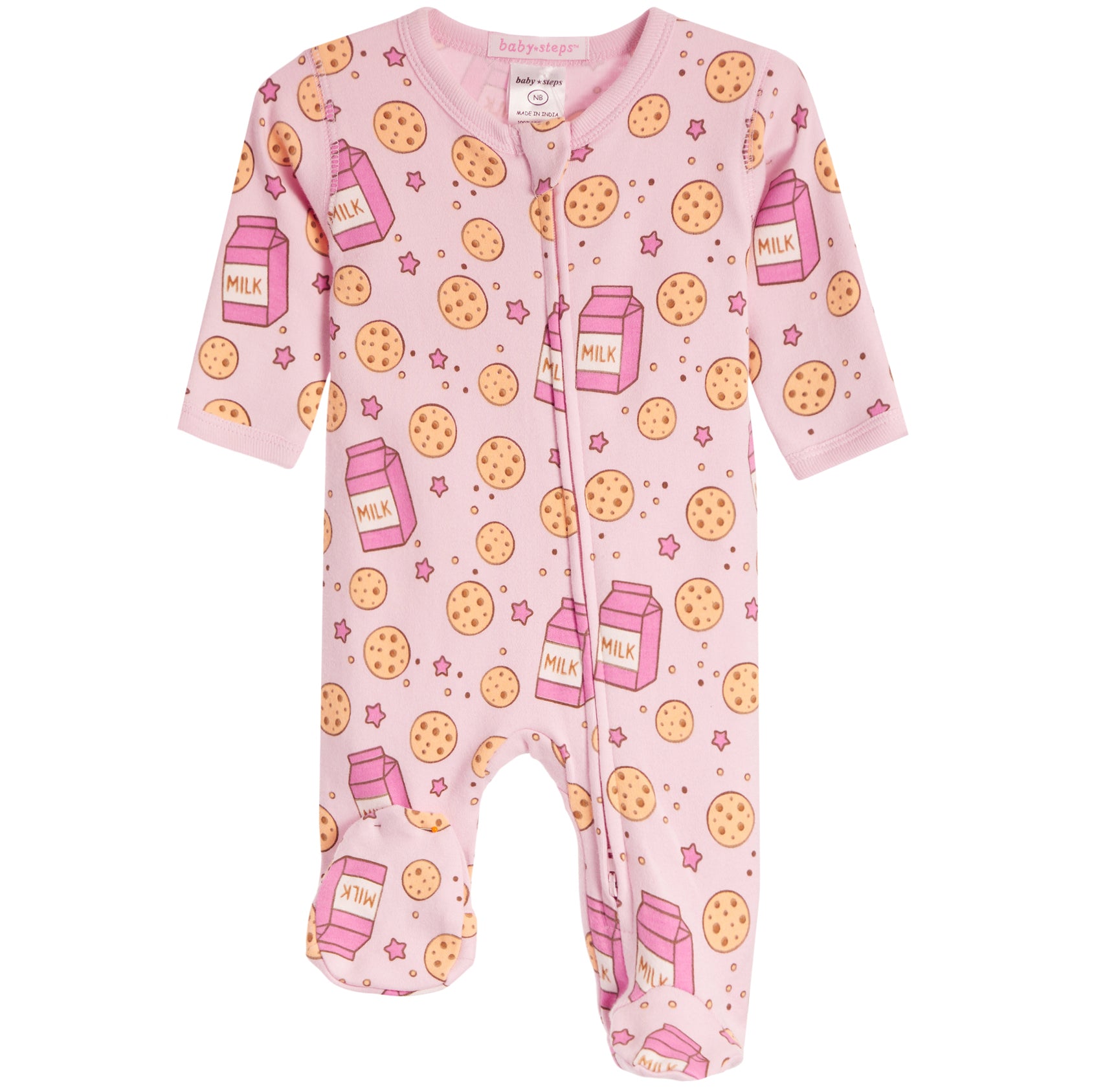 A pink baby footed sleeper with an all-over print of chocolate chip cookies, milk cartons, and pink stars. The sleeper features a zip closure down the front and is shown against a plain white background.