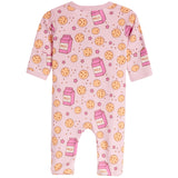 A pink long-sleeve baby footless one-piece jumpsuit featuring an all-over print of chocolate chip cookies, pink milk cartons, and small pink stars.
