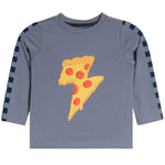 A toddler's long-sleeve t-shirt in heathered slate blue, featuring a graphic of a pizza slice shaped like lightning bolts on the chest, with dark blue checkered stripes down the sleeves.