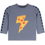 A toddler's long-sleeve t-shirt in heathered slate blue, featuring a graphic of a pizza slice shaped like lightning bolts on the chest, with dark blue checkered stripes down the sleeves.